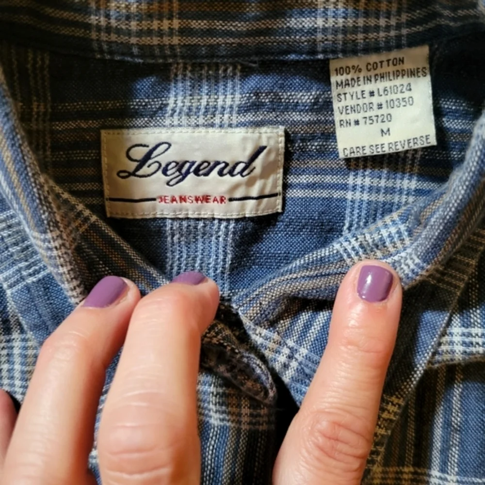 VINTAGE 1990s LEGEND JEANSWEAR Sleeveless Button Down Plaid Top Denim Blue - Picture 9 of 11